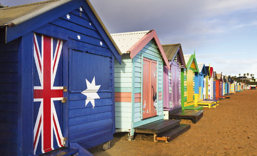 Houten huisjes op het strand in Melbourne